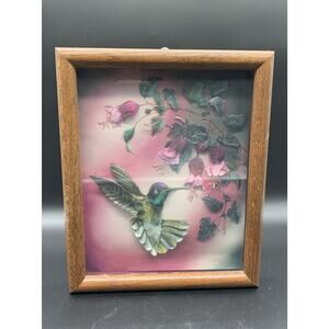 Vintage Crystal Skelley 3D Fushia Hummingbird Framed Art Signed Shadow Box